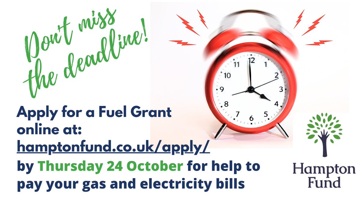 Need help paying your energy bills? On low income living in #Hampton, #Whitton, #Twickenham, #Heathfield, #Teddington, #HamptonHill, #HamptonWick? Apply  online at hamptonfund.co.uk/individual-gra……  Current  grant period closes Thursday 24 October. New applicants welcome!