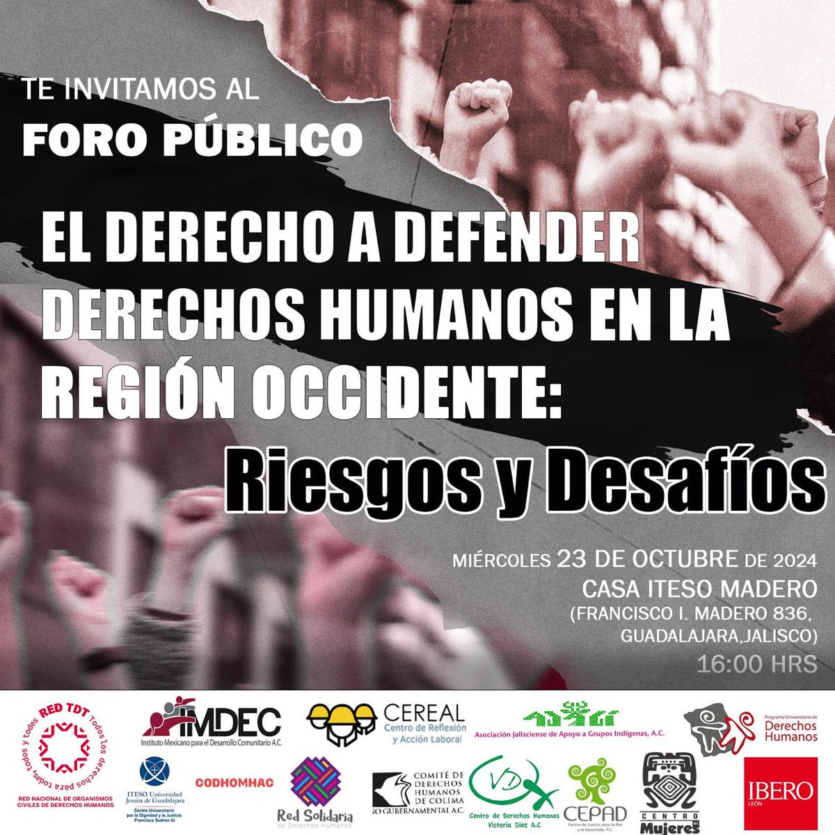 La discusión sobre el estado a los derechos humanos en el Occidente de México es un asunto de urgencia. Estás invitado/a a conversar. ¡Te esperamos este miércoles, a las 16 horas! Estamos en Madero 836, a media cuadra del Expiatorio.
#DDHH #foroabierto <a href="/ITESO/">ITESO</a> <a href="/RedTDT/">Red TDT</a> <a href="/JorgeRochaQ/">Jorge Enrique Rocha Quintero</a>