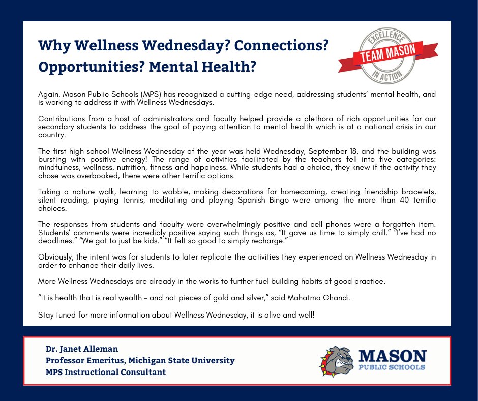 Check out the most recent Team Mason from MPS Instructional Consultant Dr. Janet Alleman. Read more masonk12.net/district/team-… #masonbulldogsstrong #teammason