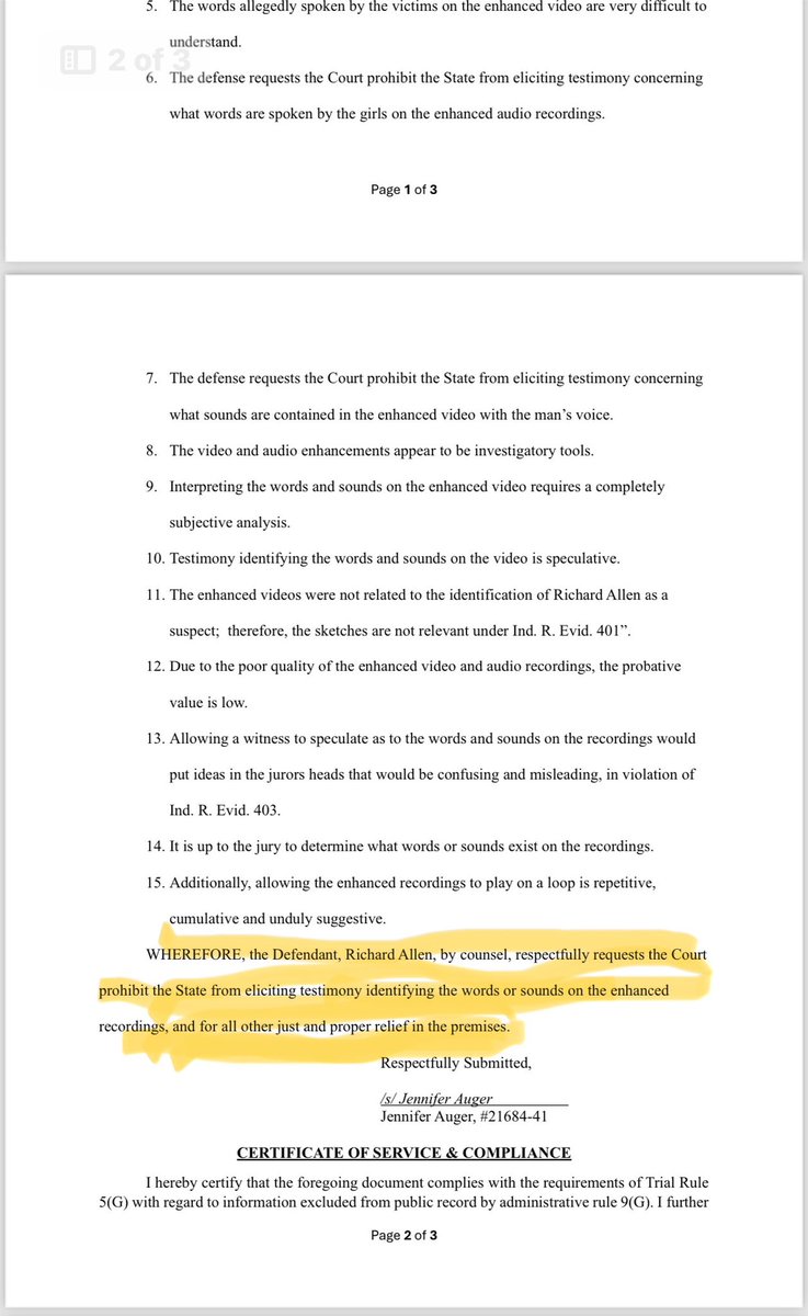 AlilawMotta's tweet image. Richard Allen&apos;s defense filed a motion in limine requesting the court: 
&quot;prohibit the State from eliciting testimony identifying the words or sounds on the enhanced recordings&quot; from Libby&apos;s cell phone. 

They want the jurors to make their own determination of what was said