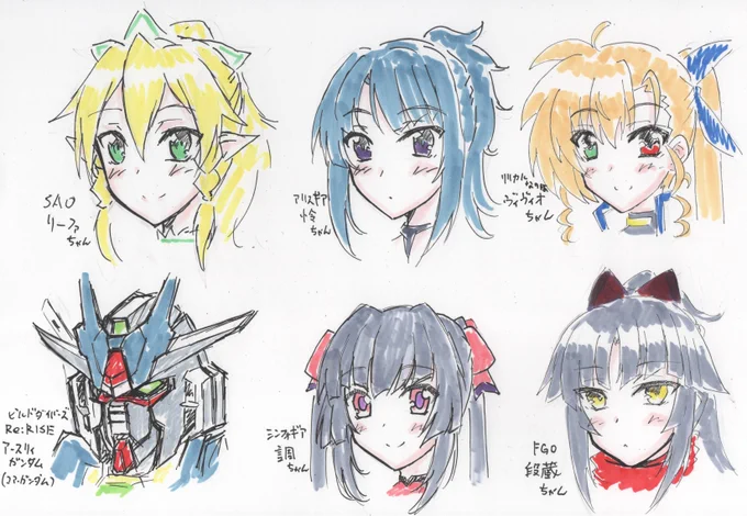 キャラの顔の描き分け練習で自分の好きな子達をザックリ簡単に描きました。大体つり目っ子ばっかりでございます(●'ω`●)後、解るか心配だったので作品名と名前書いちゃってますwでもヴィヴィオちゃんだけは安定感ダンチです(*'ω`*) 