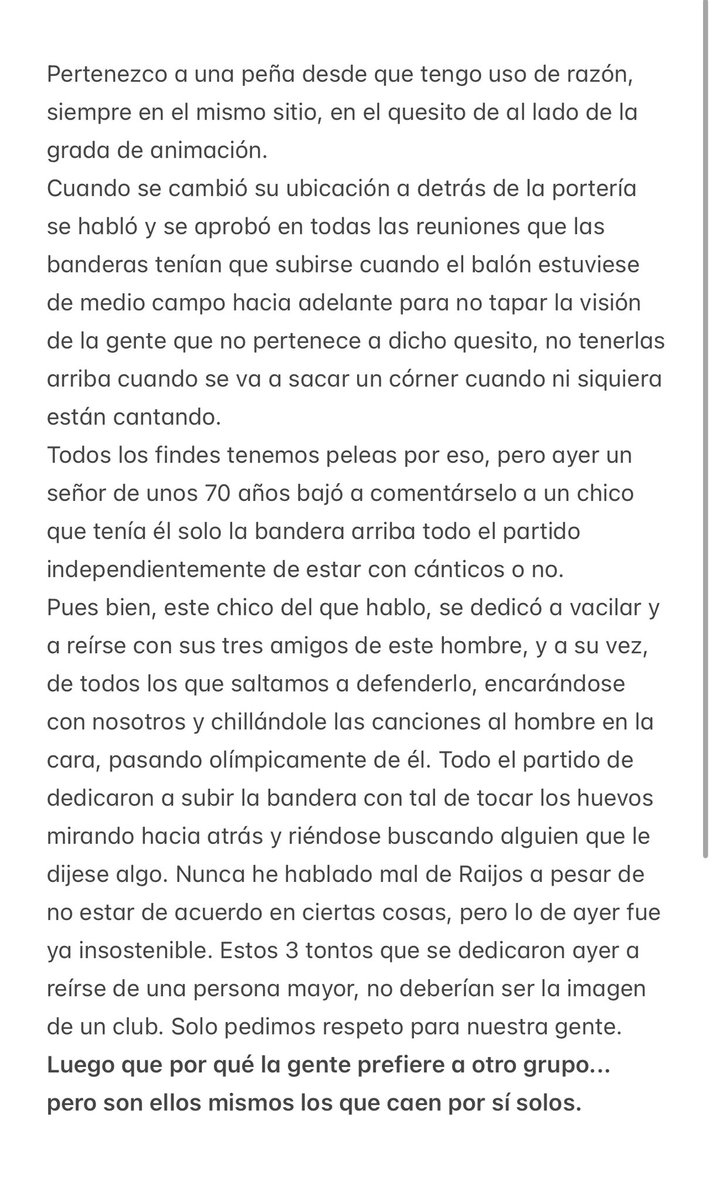 Llevo callándome muchos años, pero ayer ya fue la gota que colmó el vaso, la famosa "grada de animación" ayer vaciló y se rió en la cara de un hombre de unos 70 años, y de los que lo defendimos.
Ruego difusión, pedimos respeto para los nuestros.
⬇️⬇️⬇️