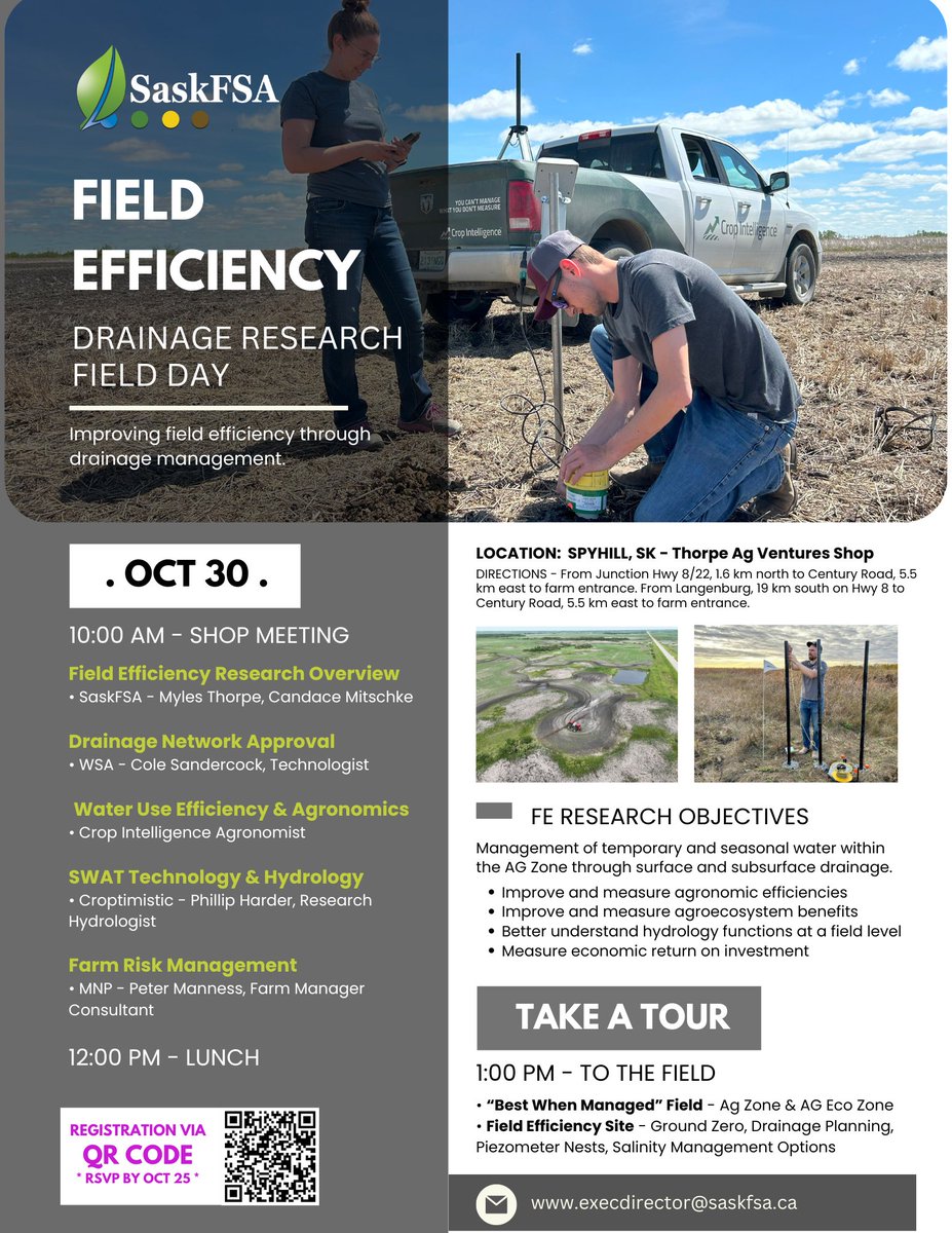 SaskFSA's tweet image. OCT 30 👉 Drainage Research Field Day. Using drainage management to improve FIELD EFFICIENCY.

WHY? - economic, agronomic + enviro benefits. 

Register by FRIDAY! 
RSVP link - - bit.ly/3U593BE
Directions - - bit.ly/3Nm9sfe
#BestWhenManaged
@CropIntel @swatmaps