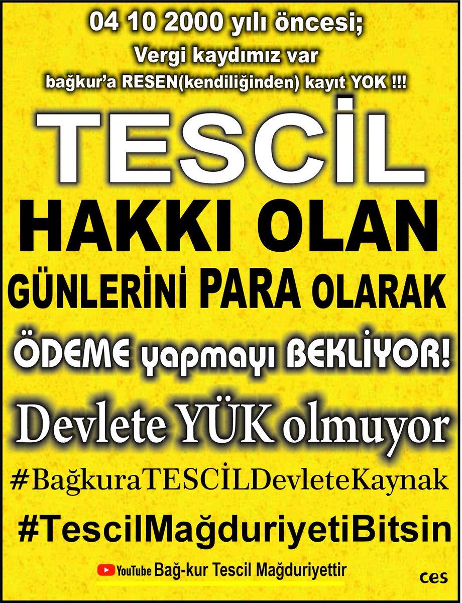 <a href="/serkan3622/">serkan</a> <a href="/ozgurcelikchp/">Özgür Çelik</a> 75 Milyar TL Devlete Kaynak Sağlayacak 
2000 Yılı Öncesi Vergi Ve Oda Kaydı olan Bağkura #TESCİLİ Olmayan Vatandaş
Neyi Bekliyorsunuz 1479/24.25.26 Yasayı uygulayın artık
<a href="/RTErdogan/">Recep Tayyip Erdoğan</a> <a href="/memetsimsek/">Mehmet Simsek</a> <a href="/vedatbilgn/">Vedat Bilgin</a> <a href="/isikhanvedat/">Prof. Dr. Vedat Işıkhan</a> <a href="/akbasogluemin/">Av. M.Emin AKBAŞOĞLU 🇹🇷</a> <a href="/Dogu_Perincek/">Doğu Perinçek</a> 
#İktidarınAyıbıBağkurTescil