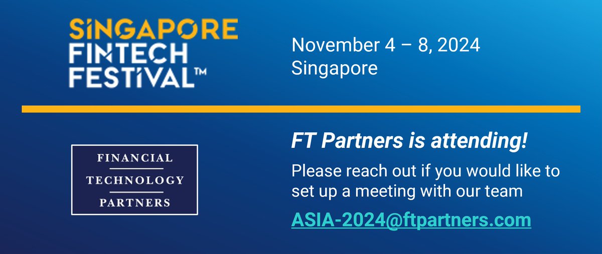 FTPartners's tweet photo. FT Partners will have a team in Singapore next month from November 4 โ 8 for @sgfintechfest and to meet with innovative companies in the region! Please reach out to ASIA-2024@ftpartners.com if you would like to set up a meeting with the team. #FinTech #APACFinTech https://t.co/BPKRWZQwwx