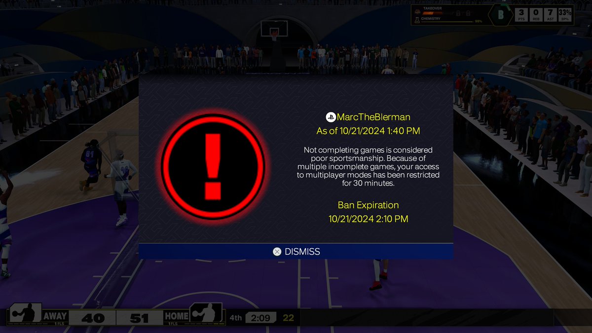 MarcTheBlerman's tweet photo. @NBA2K this is the dumbest feature yall continue to have in the game. Kicked me mid game #NBA2K25 https://t.co/4vqyeYXrXa