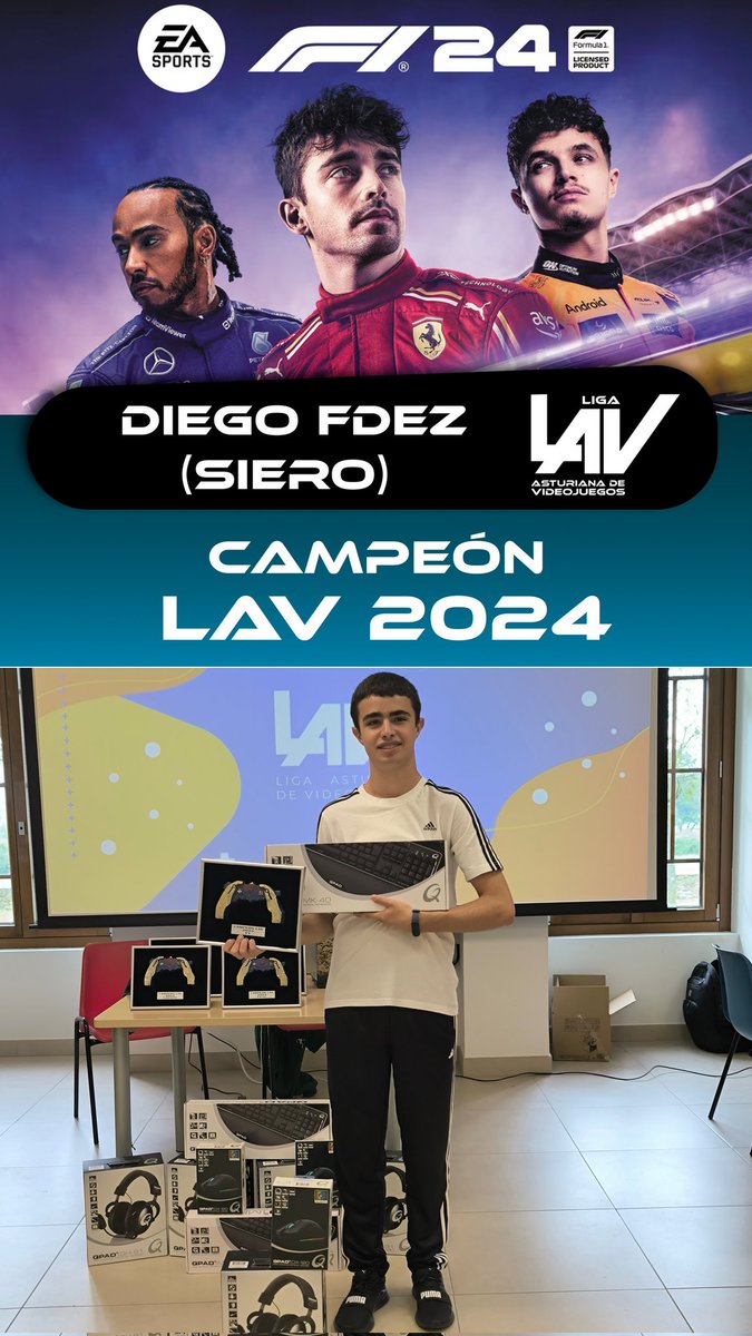 Diego Fernández (@diego_fx2) on Twitter photo Campeón del Torneo de F1 24 organizado por <a href="/LigaAsturianaVj/">Liga Asturiana de Videojuegos</a> 🏆
Gran evento con un formato diferente y un gran nivel y buen ambiente entre los finalistas.🏁
Como premio me llevé un trofeo, cascos, teclado y ratón.🤩
Deseando repetir el próximo año!!💯 Campeón del Torneo de F1 24 organizado por <a href="/LigaAsturianaVj/">Liga Asturiana de Videojuegos</a> 🏆
Gran evento con un formato diferente y un gran nivel y buen ambiente entre los finalistas.🏁
Como premio me llevé un trofeo, cascos, teclado y ratón.🤩
Deseando repetir el próximo año!!💯
