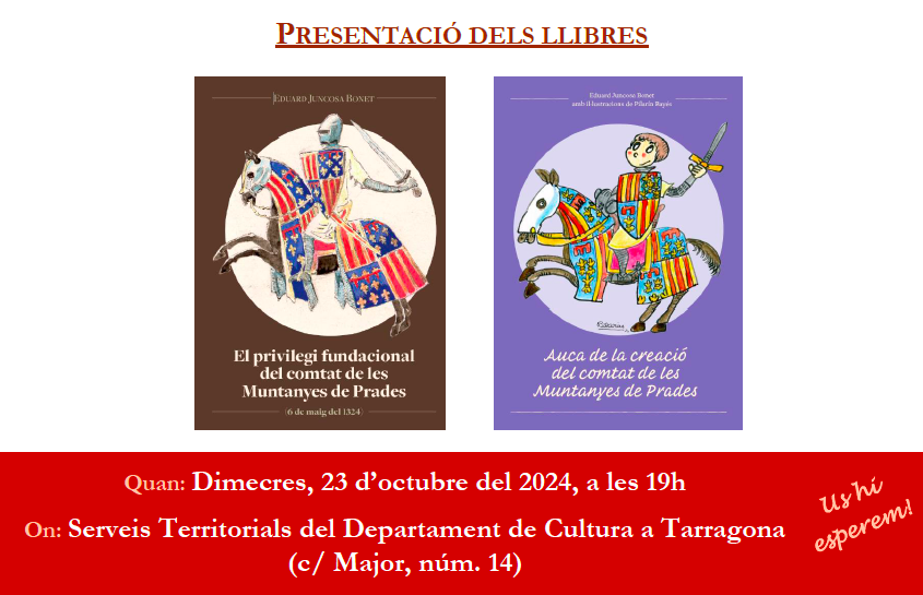700comtatprades's tweet photo. Benvolguts, el dimecres 23 d'octubre a les 19h presentació del Dr. Eduard Juncosa a la ciutat de Tarragona. Lloc: Serveis Territorials del Departament de Cultura @gencat  . Us hi esperem! https://t.co/GZd7Cioaxy