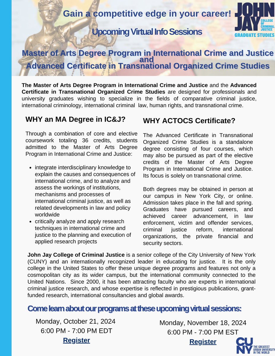 Interested in our program? Please register for our upcoming information session, today, Monday, Oct 21st at 6:00 PM EDT or Monday, Nov. 18th at 6:00 PM EST.
Register here: cunyjjaygr.askadmissions.net/Portal/EI/Grou…