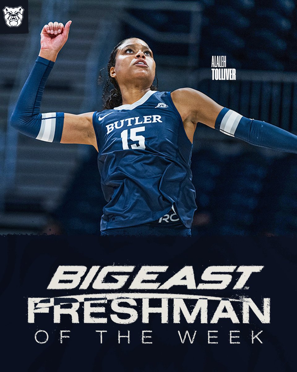 Butler Volleyball (@butlervb) on Twitter photo <a href="/alaleh_tolliver/">Alaleh Tolliver</a> combined for 25 kills and 26 digs to help lead Butler to a 2-0 record this weekend earning her the BIG EAST Freshman of the Week!
#ButlerWay <a href="/alaleh_tolliver/">Alaleh Tolliver</a> combined for 25 kills and 26 digs to help lead Butler to a 2-0 record this weekend earning her the BIG EAST Freshman of the Week!
#ButlerWay
