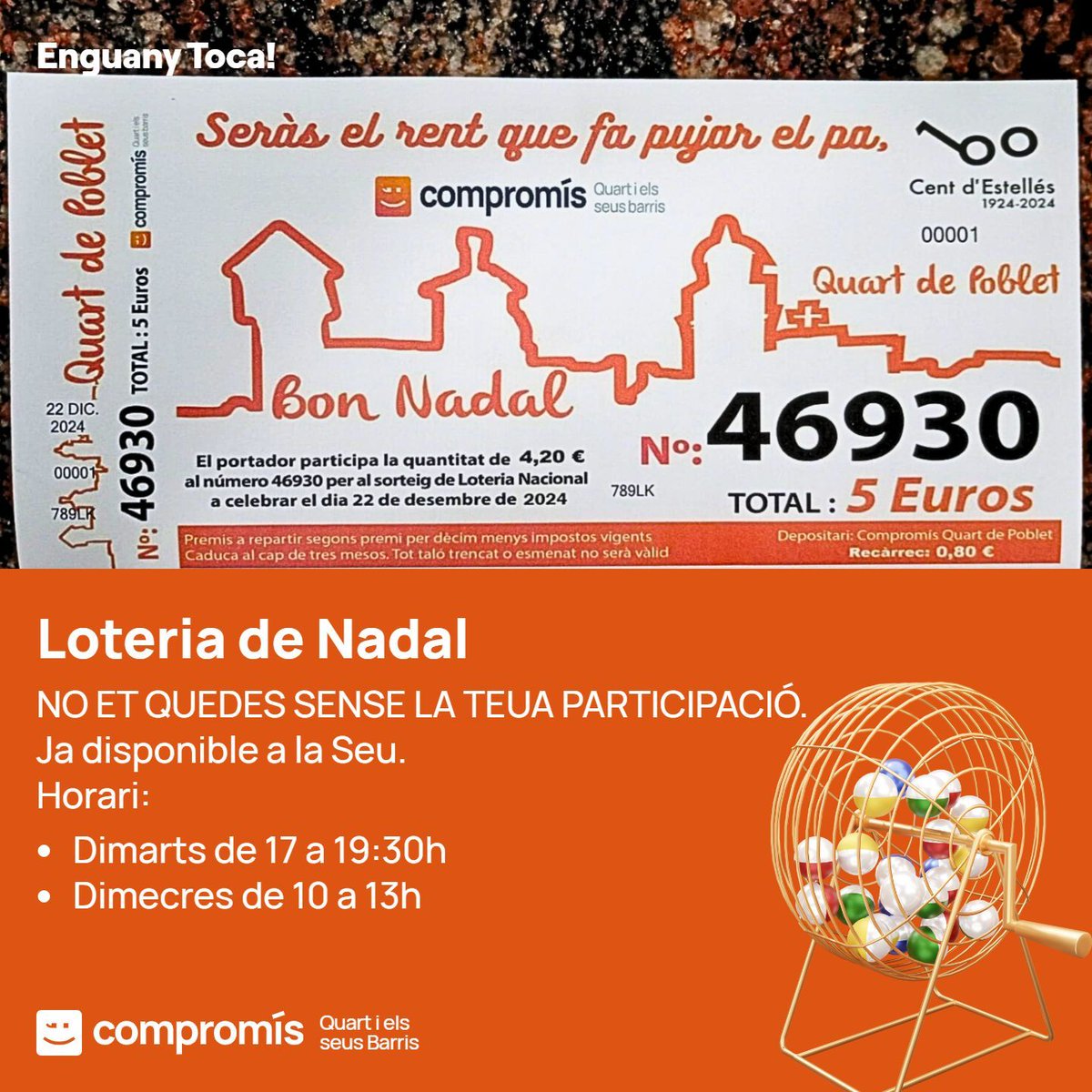 CompromisQuart's tweet photo. 🎄LOTERIA DE NADAL, JA DISPONIBLE! 🎉
No et quedes sense la teua participació. 
Un any més juguem el 46930 CP del poble. 
Pots adquirir les teues participacions a la Seu de Compromís Quart. 
🕑 Horari:
dimarts de 17 a 19:30h 
dimecres de 10 a 13h 
#EnguanyToca #QuartdePoblet https://t.co/f0xQQUXQUS