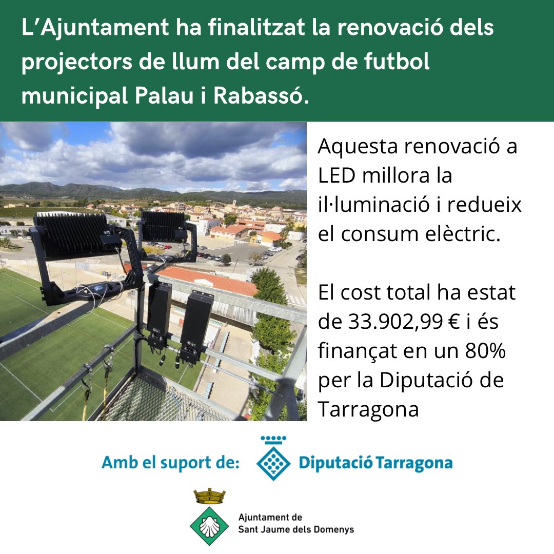 AjSTJDomenys's tweet photo. L’Ajuntament ha finalitzat la renovació dels projectors de llum del camp de futbol municipal Palau i Rabassó.

🛠 Import Total: 33.902,99 € https://t.co/CGejT1yLo9