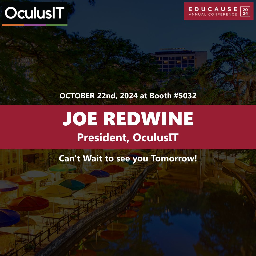 OculusIT's tweet photo. Joe Redwine, President of OculusIT will be at EDUCAUSE 2024 at booth #5032, tomorrow, Oct 22, 2024. 
Joe is eager to connect with higher education leaders to discuss solutions for educational success. He looks forward to connecting with you! 
#EDUCAUSE2024 #Innovation #HigherEd https://t.co/FKbTTEso2H
