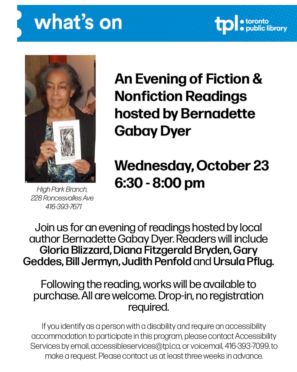 Gloria Blizzard|Writer (@gloriablizzard) on Twitter photo This Wednesday for the #Toronto #literarycommunity
<a href="/torontolibrary/">Toronto Public Library</a> #highpark branch.
Curated by the wonderful author Bernadette Gabay Dyer.
See you there!
#canlit #nonfiction #fiction
@UrsulaPflug et al This Wednesday for the #Toronto #literarycommunity
<a href="/torontolibrary/">Toronto Public Library</a> #highpark branch.
Curated by the wonderful author Bernadette Gabay Dyer.
See you there!
#canlit #nonfiction #fiction
@UrsulaPflug et al
