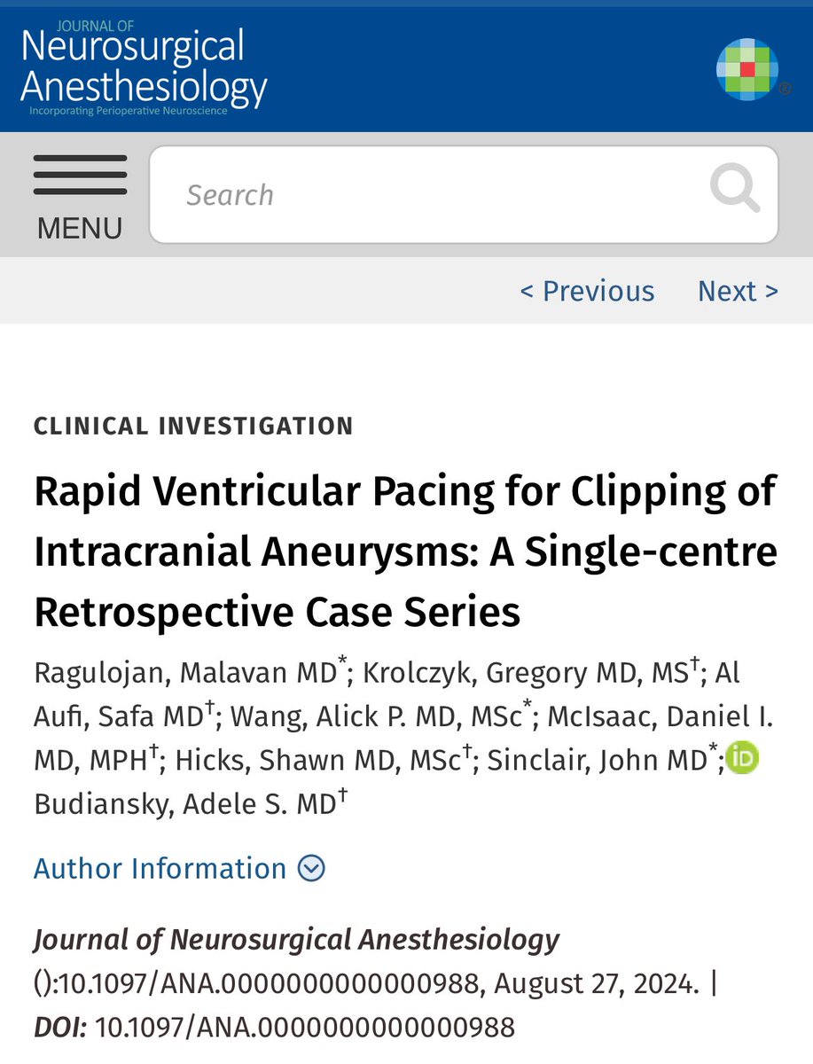 Please check the recent original paper co-authored by Dr. Ragulojan, Dr. Wang, and Dr. Sinclair on “Rapid Ventricular Pacing for Clipping of Intracranial Aneurysms” 

journals.lww.com/jnsa/abstract/…