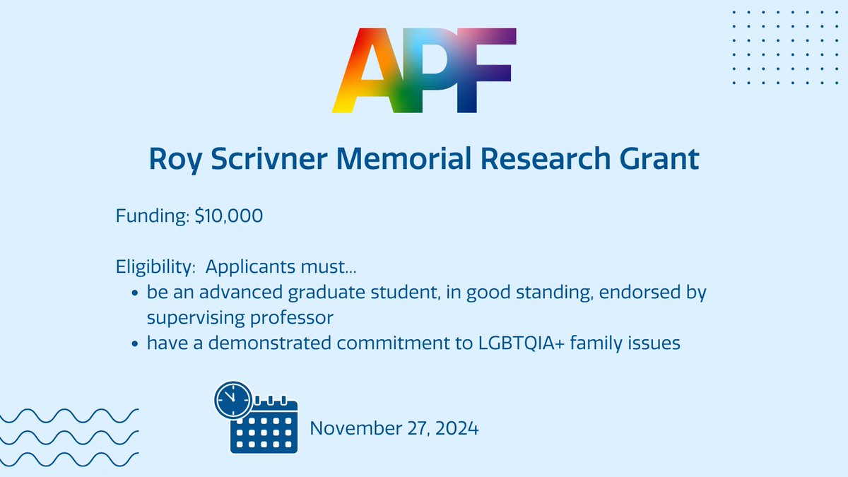 AmPsychFdn's tweet photo. Applications for the Roy Scrivner Memorial Research Grant open on 11/1!🌈  This program encourages the study of #LGBTQIA+ family psychology &amp; therapy through supporting young investigators whose grad research is oriented toward issues in this general area. https://t.co/1SZZIUZ27v https://t.co/wUK7zL3cS0