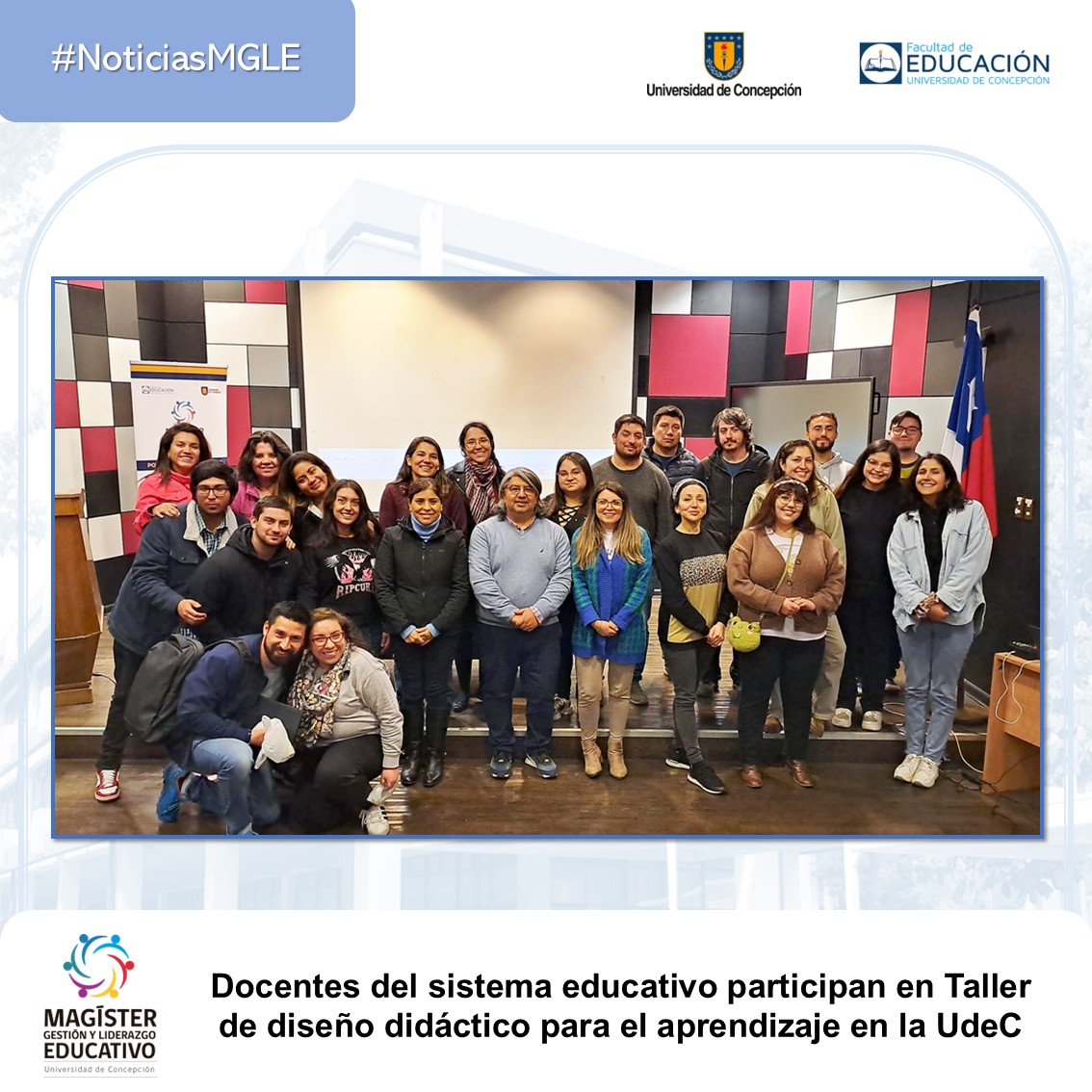Docentes del sistema educativo participan en Taller de diseño didáctico para el aprendizaje en la UdeC tinyurl.com/bdedvr6v
Fue organizado por el programa de Magíster en Gestión y Liderazgo Educativo (MGLE) de la Facultad de Educación UdeC.