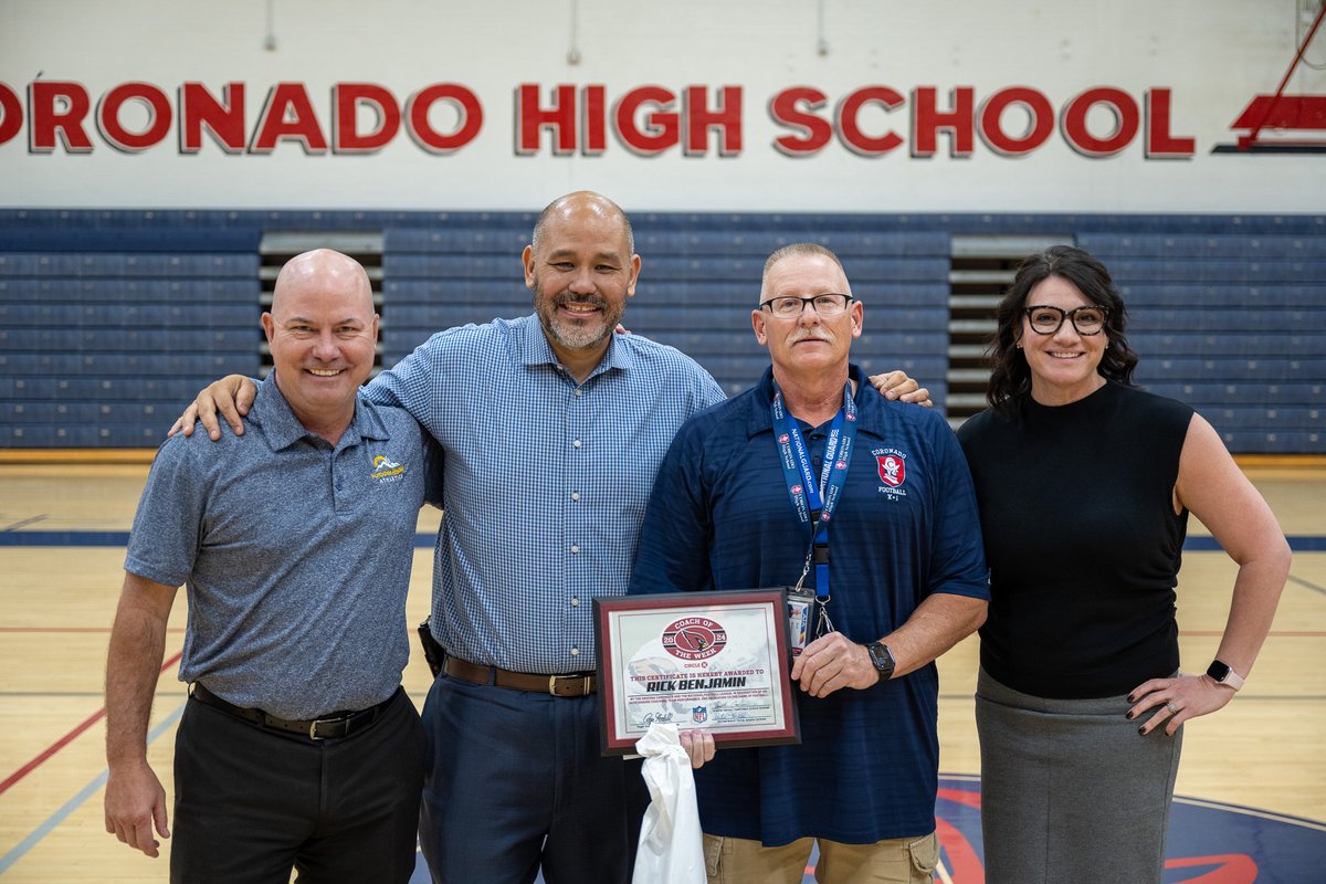 Recently, Coach Rick Benjamin from <a href="/CoronadoSUSD/">Coronado High School</a> was recognized as the Arizona Cardinals Boys High School Coach of the Week 🏈 Former Cardinals Defensive End, Olsen Pierre stopped by our school. Nice work, Coach! #ElevateExcellence #SUSDAthletics #CoronadoHSSUSD
