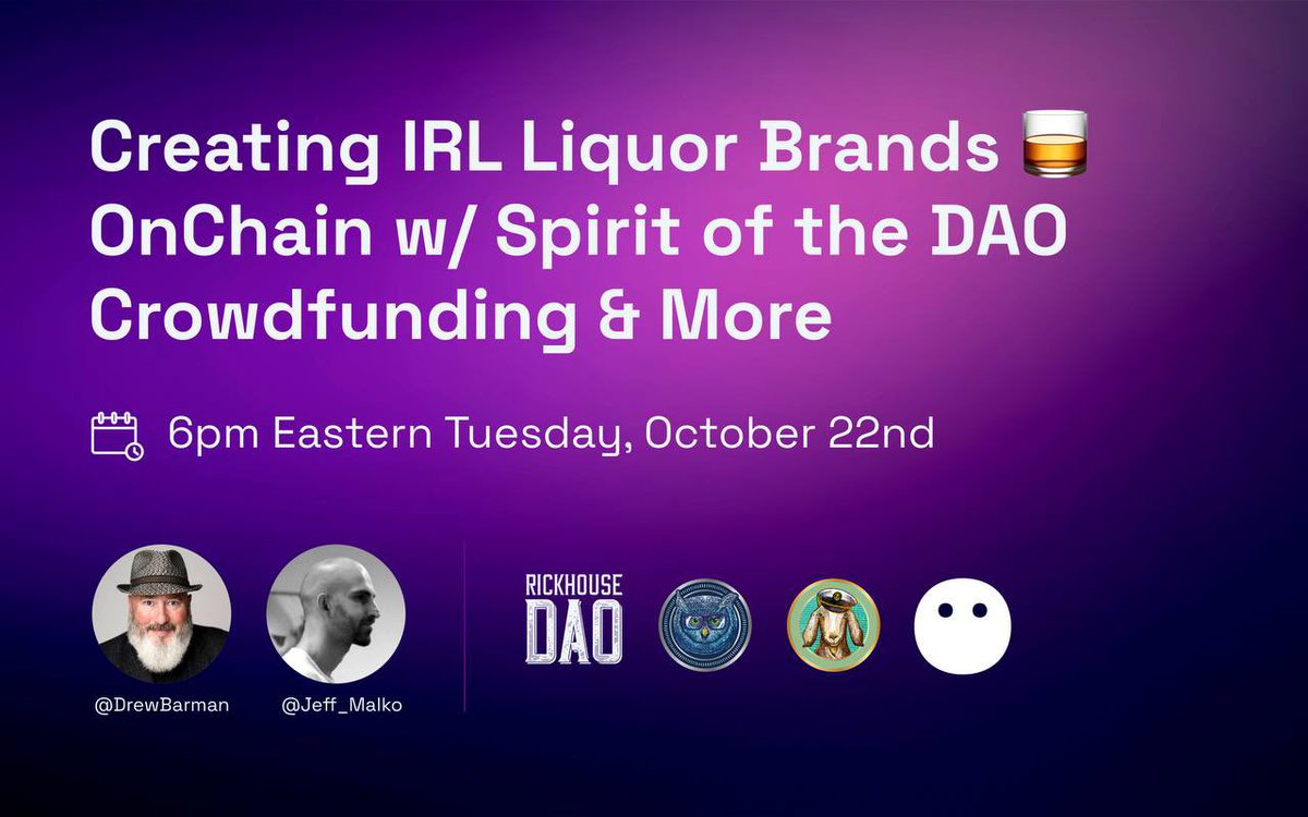 DrewBarman (🥃) (@drewbarman) on Twitter photo If creating real products & tying them to the Blockchain interest you 🫵 set a reminder ⏰!
x.com/i/spaces/1BdGY…
<a href="/moonbirds/">Moonbirds</a> 🦉
<a href="/proof_xyz/">PROOF</a> 🥃
<a href="/MaisonDeGOAT/">GOATz 🐐🥛</a> 🐐
<a href="/kitcodik/">Kit Codik 🔮</a> 🔮
<a href="/Jeff_Malko/">Jeff Malko 👊🏽</a> 🚀
<a href="/RickhouseDAO/">@RickhouseDAO</a> 🏠 If creating real products & tying them to the Blockchain interest you 🫵 set a reminder ⏰!
x.com/i/spaces/1BdGY…
<a href="/moonbirds/">Moonbirds</a> 🦉
<a href="/proof_xyz/">PROOF</a> 🥃
<a href="/MaisonDeGOAT/">GOATz 🐐🥛</a> 🐐
<a href="/kitcodik/">Kit Codik 🔮</a> 🔮
<a href="/Jeff_Malko/">Jeff Malko 👊🏽</a> 🚀
<a href="/RickhouseDAO/">@RickhouseDAO</a> 🏠