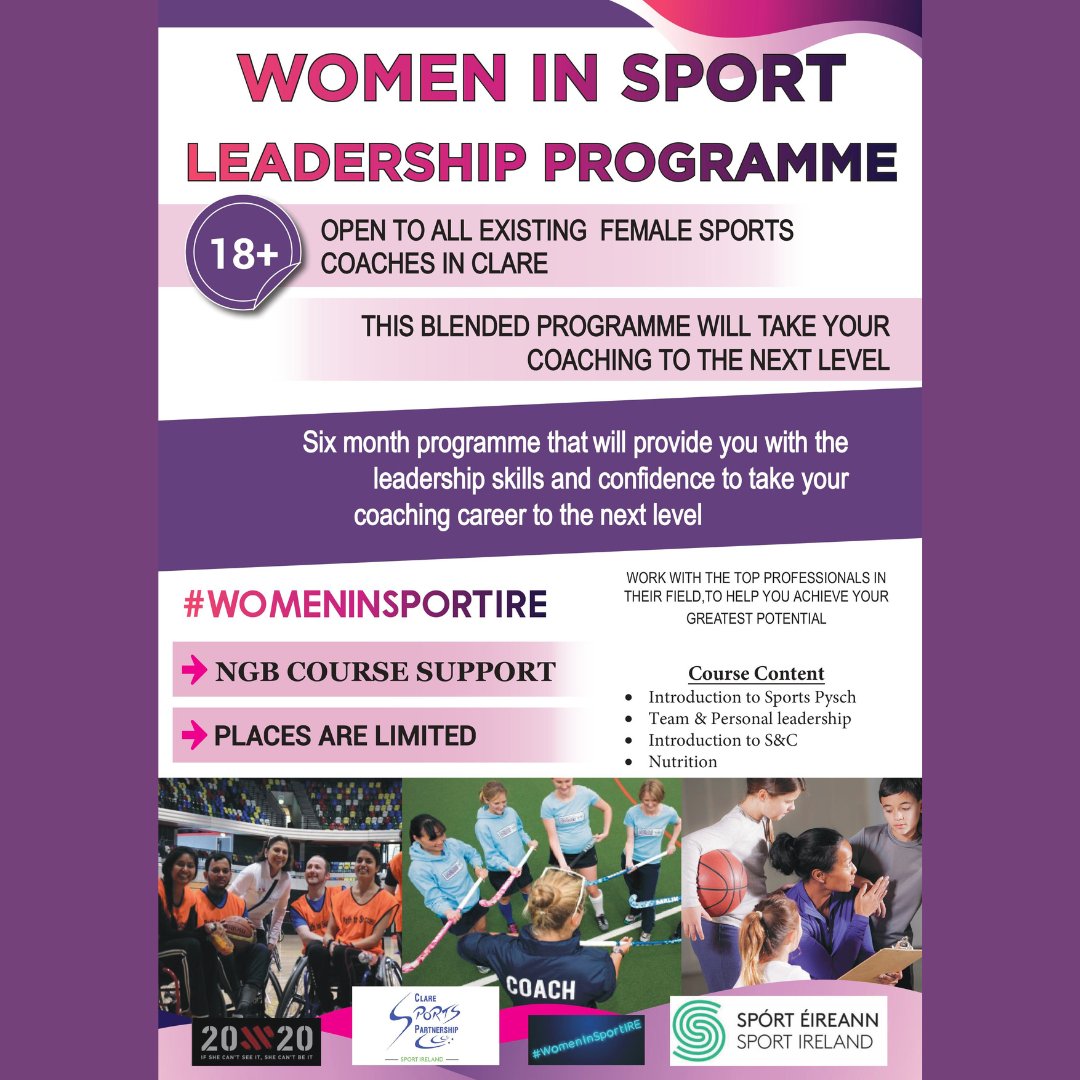 Ladies, take charge of your coaching career today 💪

Act now and secure your place on our Women In Sport Leadership programme 🌟

Inspire the next generation of female athletes and coaches in your local club! 🤝

Secure your place now 👇

claresports.ie/wis-leadership…

#ActiveClare