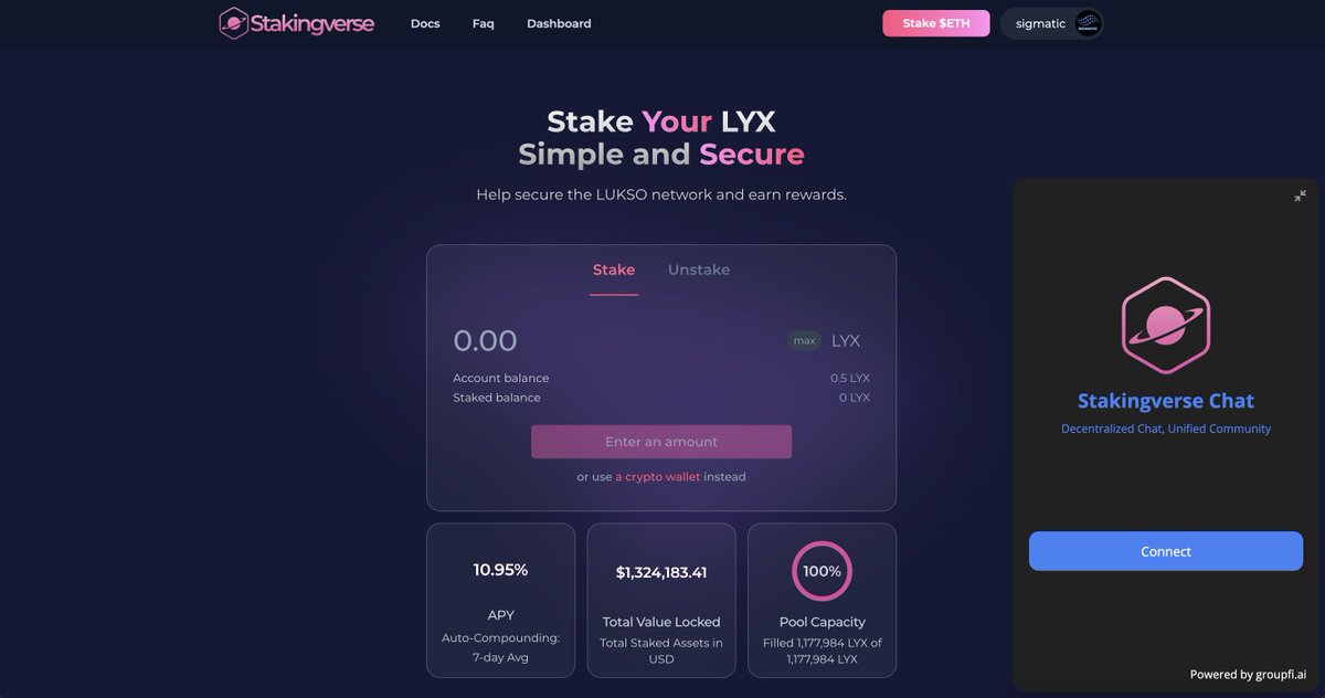 Stakingverse's tweet photo. The latest version of our Decentralized @groupfi_ai chat is now live.
It is giving us more customisation options and a better flow to welcome new users.
Check it out on our website and join the chat! #LUKSO $LYX #stakingverse https://t.co/ZO6U3gUnT2