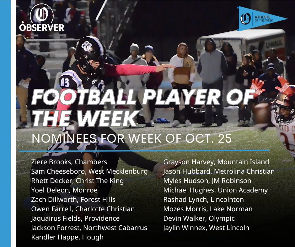 Here are the nominees for The Charlotte Observer's high school football player of the week. The poll closes Friday.

Vote now. Vote often.

Vote at link below:

charlotteobserver.com/sports/high-sc…