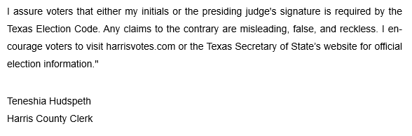 pollysmith3's tweet photo. The Harris County Clerk is warning voters about disinformation claiming poll workers are writing on ballots to disqualify votes #khou11 https://t.co/KUt3H66Qd1
