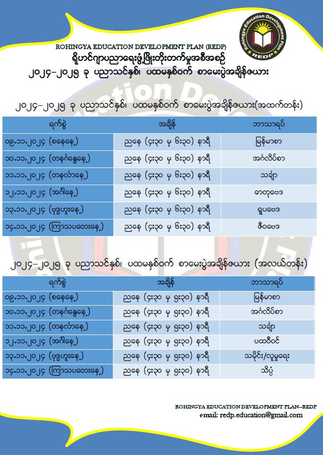 Cox's Bazaar ဒုက္ခသည်စခန်း၌ရှိသော REDP ကျောင်းစင်တာ‌များတွင် ၂၀၂၄-၂၀၂၅ ခု ပညာသင်နှစ်၏ ပထမနှစ်ဝက်စာမေးပွဲအချိန်ဇယားကို စာစစ်အဖွဲ့မှ ဝမ်းမြောက်စွာ ကြေညာအပ်ပါသည်။  
#redp_school
#redp_board_exam
#EducationForAll 

ရိုးသားစွာဖြင့်၊
စာစစ်အဖွဲ့-REDP