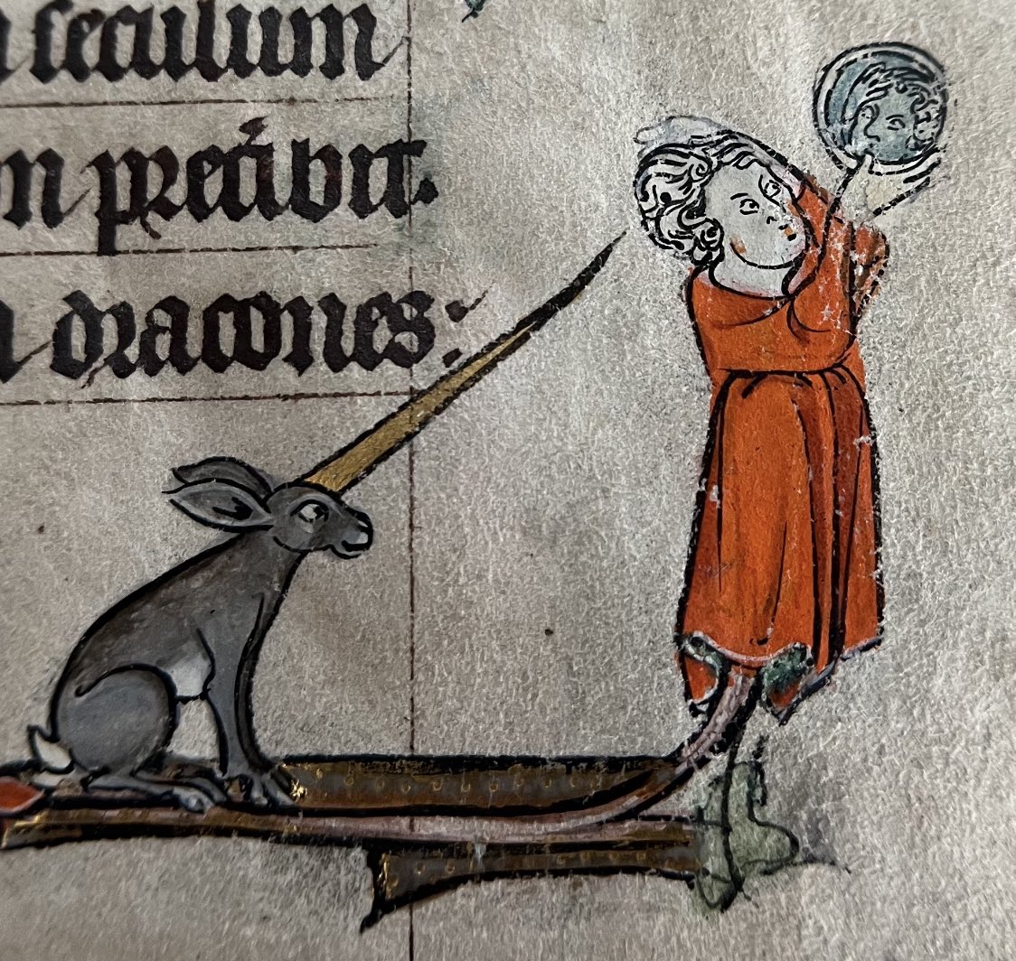 Unicorn bunny about to impale a vain man. I love that he’s doing proper duck face into his mirror. Bunny’s gonna get ya!

One of the best medieval manuscript marginalia images I’ve ever had the pleasure of seeing in person.