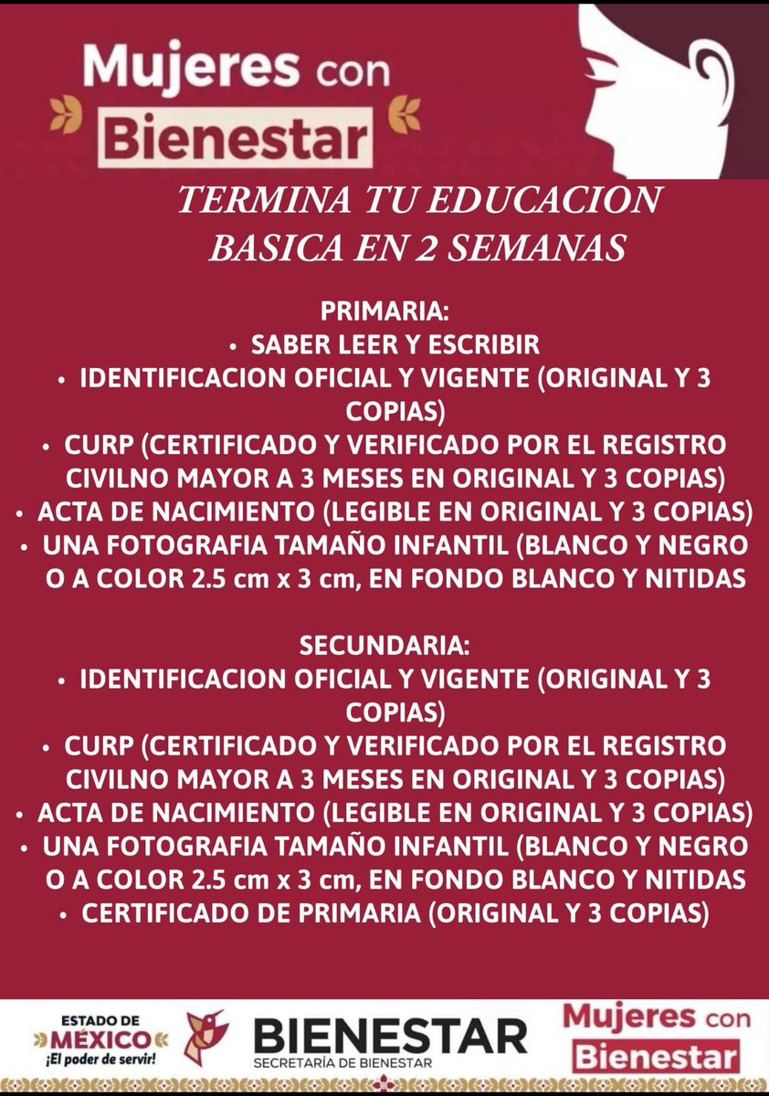 ✅MUJERES CON BIENESTAR✅
⚠️ATENCION BENEFICIARIA⚠️
¡¡ El Gobierno del Estado de México y el programa Mujeres con Bienestar les trae una excelente oportunidad para culminar sus estudios básicos !! 

CEDIS 167 ubicado en: 
maps.app.goo.gl/6CS5ofCU1TEkuj…