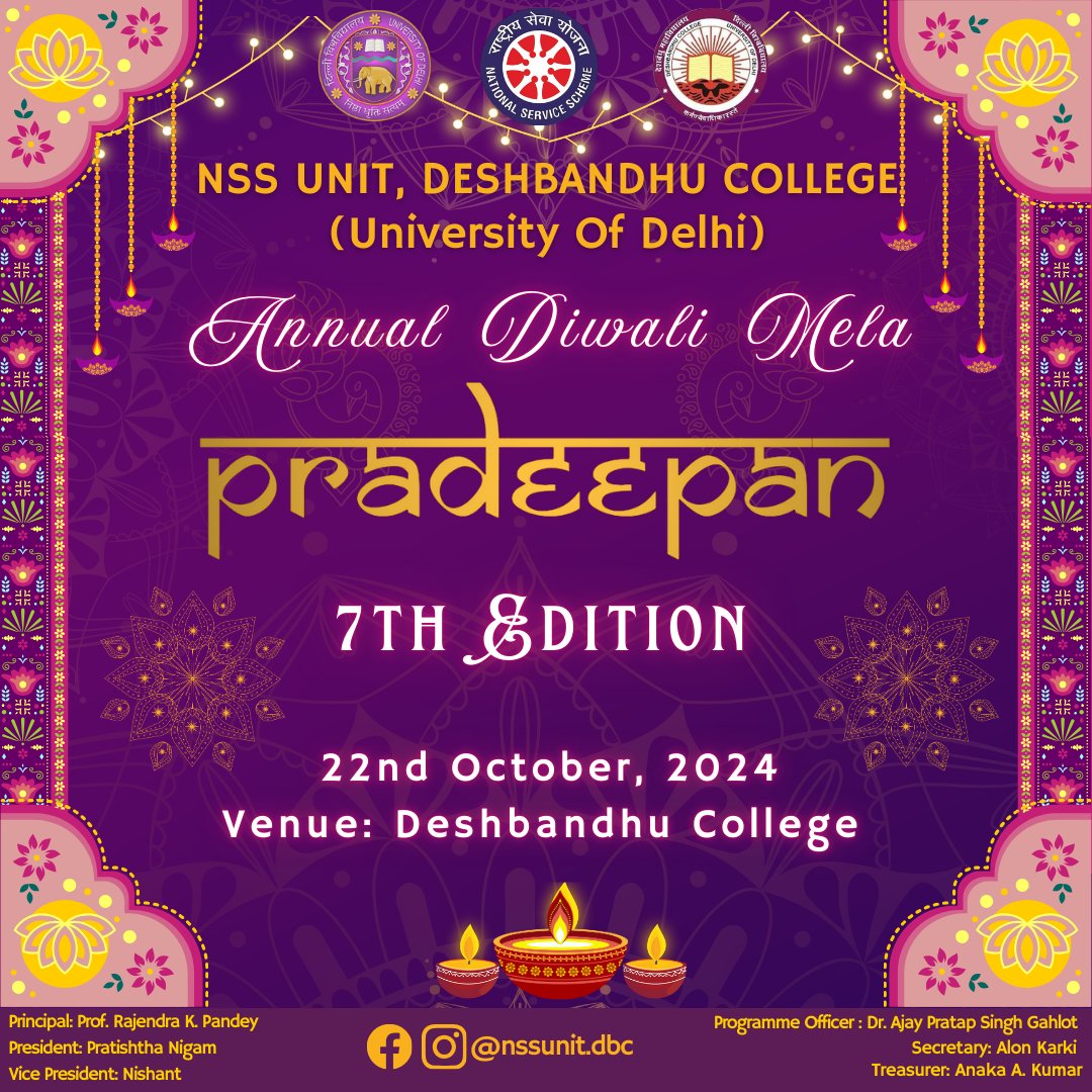 NssunitDbc's tweet photo. The wait is finally over! It is with great pride that we unveil the Annual Diwali Mela of NSS Unit, Deshbandhu College; Pradeepan 7.0.  Mark your calendars! 🪔

DATE: 22 October 2024
VENUE: Deshbandhu College campus https://t.co/9uNNtEmdpQ