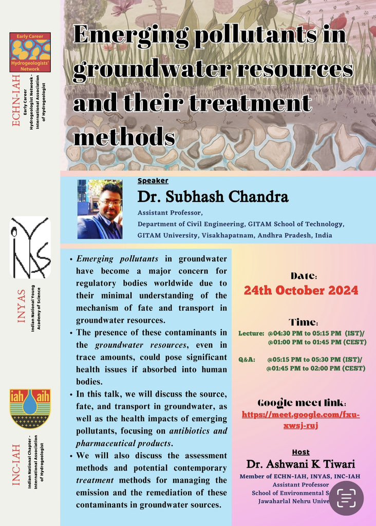 Invitation:
ECHN-IAH and INYAS invite researchers to attend our next webinar on “Emerging Contaminants in Groundwater Resources and Their Remediation Techniques”

The India Nation Chapter of IAH supports the webinar

<a href="/INYAS_INSA/">Indian National Young Academy of Sciences (INYAS)</a> <a href="/ECHN_IAH/">ECHN.IAH</a> <a href="/iahgroundwater/">IAHgroundwater</a>