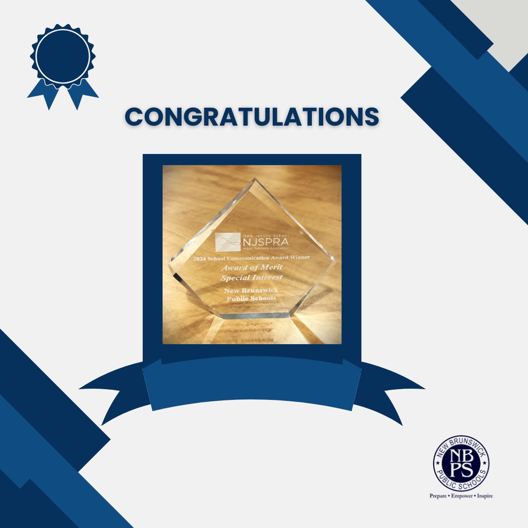nbpschools's tweet photo. Honored to receive this sparkling award from the NJ School PR Association for our white paper on using virtual reality to support positive mental health! #ALLIN4NB #WeAreNB #NBPSLetsGO! https://t.co/uo4cAGlcti