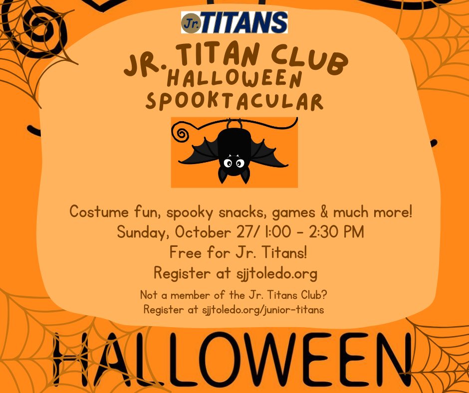 StJohnsJesuit's tweet photo. There will be junior ghosts and goblins on campus this weekend at the Jr. Titan Halloween Spooktacular! The event is free to members of the Jr. Titan Club up to grade 6. Event registration at https://t.co/rjAXoUotw5. Club membership at https://t.co/nXIZKwFSsp. #GoJrTitans https://t.co/XvTVkcHd6z