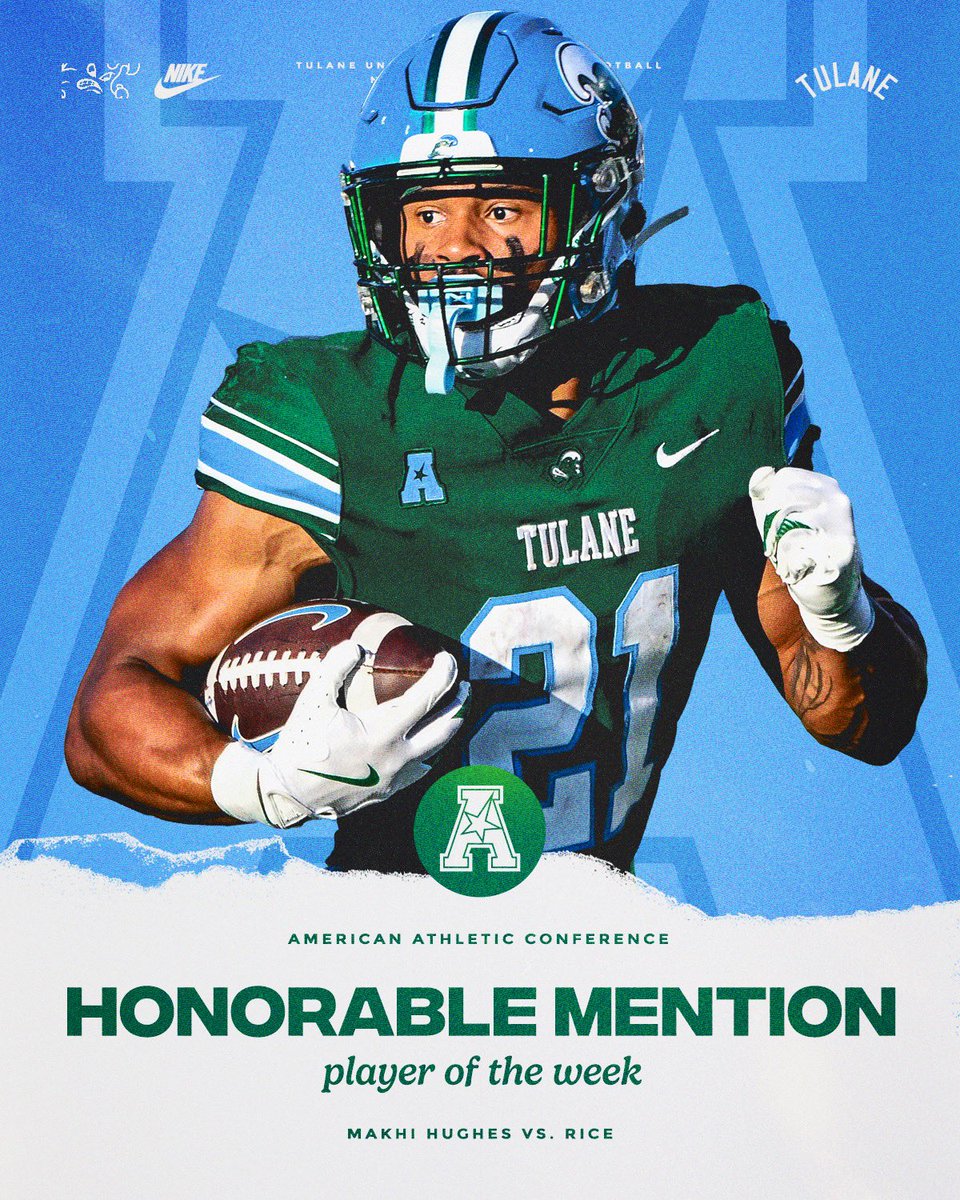 Tulane Football (@greenwavefb) on Twitter photo Your <a href="/American_Conf/">The American</a> Honorable Mentioned Offensive Player of the Week:
<a href="/HughesMakhi/">Makhi Hughes ✞</a>!
#UptownFootball Your <a href="/American_Conf/">The American</a> Honorable Mentioned Offensive Player of the Week:
<a href="/HughesMakhi/">Makhi Hughes ✞</a>!
#UptownFootball