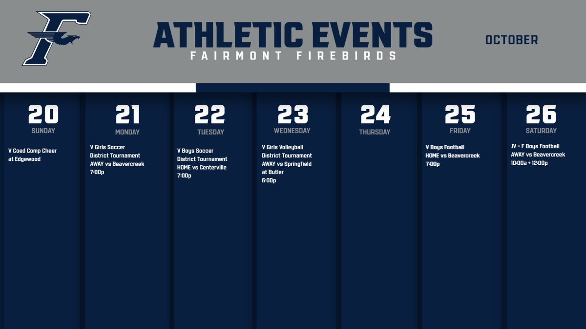 Firebird Athletics Weekly Schedule

Be sure to get out and support our student-athletes this week as they compete!

#WeAreFirebirds