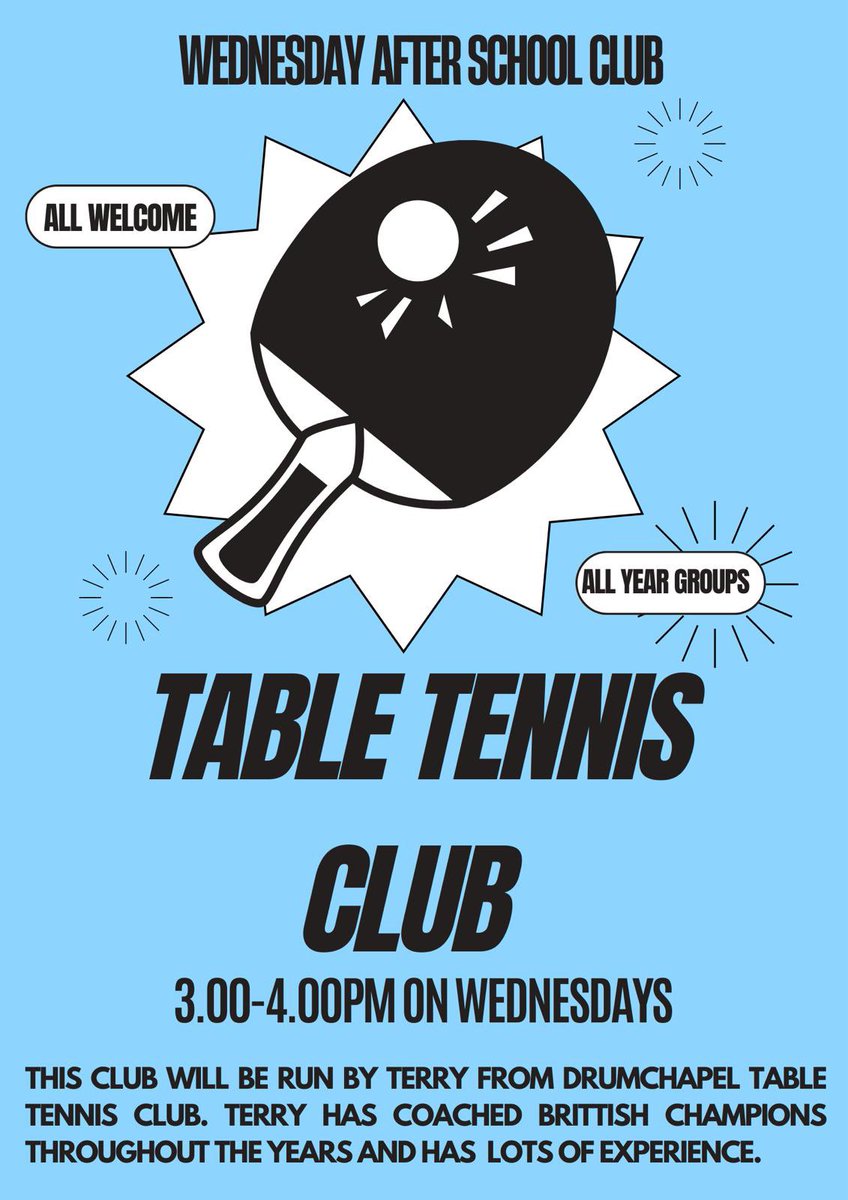 🏓 Table Tennis  🏓 

We are so happy that Terry from Drumchapel Table Tennis Club will be coming back in to do table tennis after school on Wednesdays from 3pm-4pm. 

This is aimed towards our senior pupils to help prepare them for National and Higher qualifications.