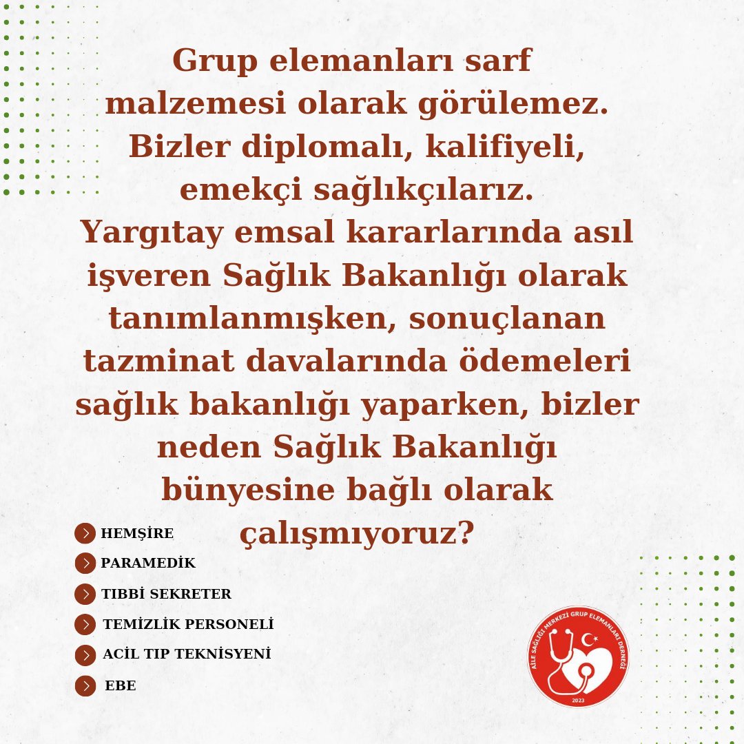 <a href="/asmgruplandirma/">Aile Sağlığı Merkezi Grup Elemanları Derneği</a> Yaptığımız işin bir karşılığı varmı istiyoruzki biz grup elemanlarını belli belirsiz sıfatlardan kurtarın 
#elemandeğilsağlıkçı