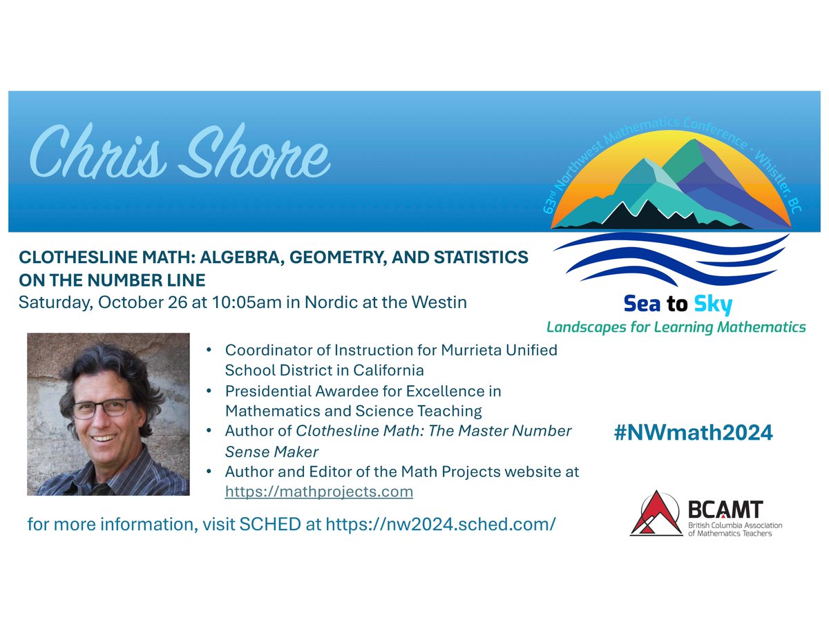 nwmathconf's tweet image. Hang out (hopefully dry!) on Saturday morning at the Westin with Chris Shore as he talks about clotheslines....and math - Algebra, Geometry & Statistics on the Number Line. Plan your sessions, across both hotels, at nw2024.sched.com #NWmath2024
