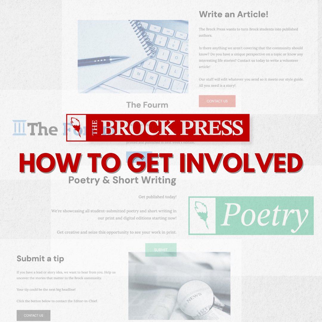 Have something to share? Submit your poetry, short stories, or even news tips for a chance to get published in print and digital editions. You can also write a volunteer article, and we'll guide you through the process. Learn more here: brockpress.com
