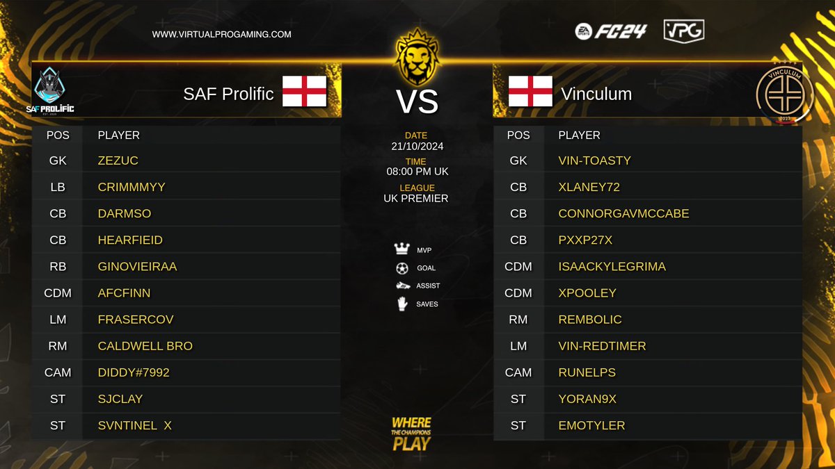Virtual Pro Gaming (@officialvpg) on Twitter photo โฝ๏ธ Competitive 11v11 <a href="/EASPORTSFC/">EA SPORTS FC</a>
๐ <a href="/VPGUK/">VPG UK Leagues</a> ๐ฌ๐ง
๐
8pm Uk kick off!
๐๏ธ Presented by <a href="/proclubs_weekly/">Pro Clubs Weekly</a>
๐ก <a href="/SAF_gg/">SAF</a>โs @SAFProlific
โ๏ธ <a href="/VinculumVPG/">Vinculum</a>
๐ Live Match Stream: YouTube.com/virtualprogamiโฆ
๐ฅ SAF Team Sheet
<a href="/Zezuc/">.</a>
<a href="/GinoViera/">gino viera</a>
<a href="/Darmso_/">โู</a>
<a href="/Hearfieid/">.</a>
<a href="/Crimmmy_/">C R I M M Y</a> _
<a href="/AFCFinn7/">Finn</a> โฝ๏ธ Competitive 11v11 <a href="/EASPORTSFC/">EA SPORTS FC</a>
๐ <a href="/VPGUK/">VPG UK Leagues</a> ๐ฌ๐ง
๐
8pm Uk kick off!
๐๏ธ Presented by <a href="/proclubs_weekly/">Pro Clubs Weekly</a>
๐ก <a href="/SAF_gg/">SAF</a>โs @SAFProlific
โ๏ธ <a href="/VinculumVPG/">Vinculum</a>
๐ Live Match Stream: YouTube.com/virtualprogamiโฆ
๐ฅ SAF Team Sheet
<a href="/Zezuc/">.</a>
<a href="/GinoViera/">gino viera</a>
<a href="/Darmso_/">โู</a>
<a href="/Hearfieid/">.</a>
<a href="/Crimmmy_/">C R I M M Y</a> _
<a href="/AFCFinn7/">Finn</a>