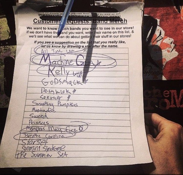 mgkOnThisDay's tweet image. mgk on this day 

october 21, 2014: ‘walked into the hot topic in fargo today and saw my name at the top of their merch request list. that’s fucking cool. fans are fucking awesome. #EST4life’