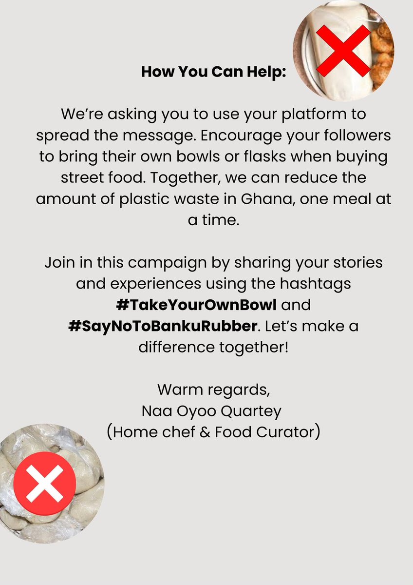 I have launched this campaign for Ghanaians to #TakeYourOwnBowl when buying food. These plastics are slowly killing us! Kenkey sellers are abandoning maize husks and cooking the dough in plastics!! 
Please tag foodies on the TL and let's all take part! Post your photos and videos