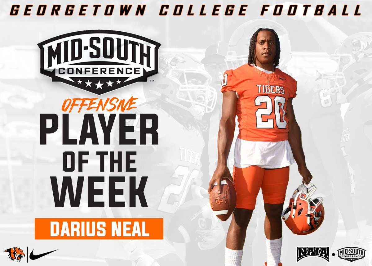Gtown_Football's tweet photo. Congratulations to Darius Neal on being named this weeks MSC Offensive Player of the Week🏆 

#TigerPride🐅 | #1and0 https://t.co/wxWBhhR3Xk