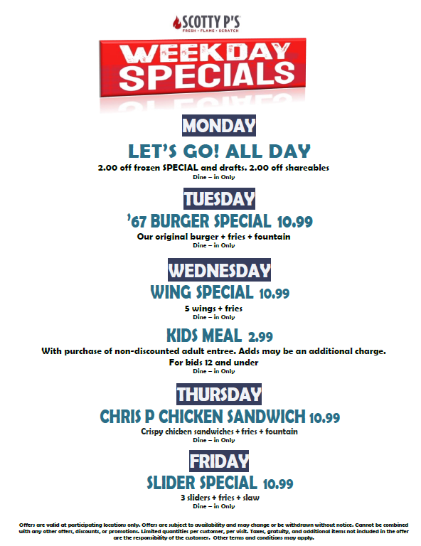 scottyps's tweet photo. Enjoy our new Weekday Specials at Scotty P's! Visit https://t.co/tjTZgmTQJq for more details. Weekday specials are available for a limited time at all participating locations. https://t.co/98Y7U3h1cG