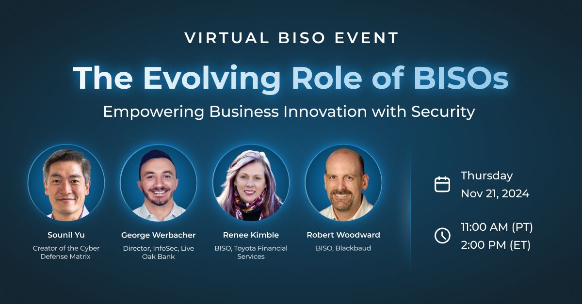 MirrorTab's tweet photo. 🚨 Join us on 11/21 for a panel with cybersecurity leaders Sounil Yu, Renee K., George R. Werbacher &amp; Robert Woodward! Learn how they bridge IT, business &amp; InfoSec to drive secure innovation. 

📍Register here: https://t.co/pRNKsqUKjC
🎙️ Speaker bios: https://t.co/J8wBDlG2q2 https://t.co/fk5IsFJCSK