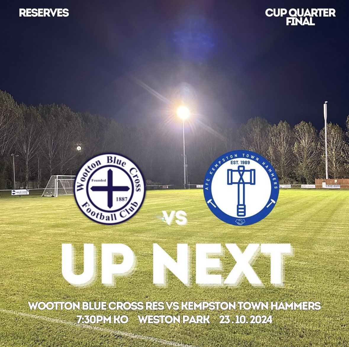 🏆 | Res back at home for a BIG Cup QF! 

🔵✖️Res vs <a href="/kempstontownfc/">AFC Kempston Town Hammers ⚒️</a> 

📆 | Wed 23rd Oct 2024
🕣 | 7:30pm KO
🏟️ | Weston Park, MK43 9JT
🍻 | Open 6:30pm

With a Semi-Final spot up for grabs, we’re sure this will be an entertaining one!

See you there 😉.. Up the Blue Cross! 🔵✖️