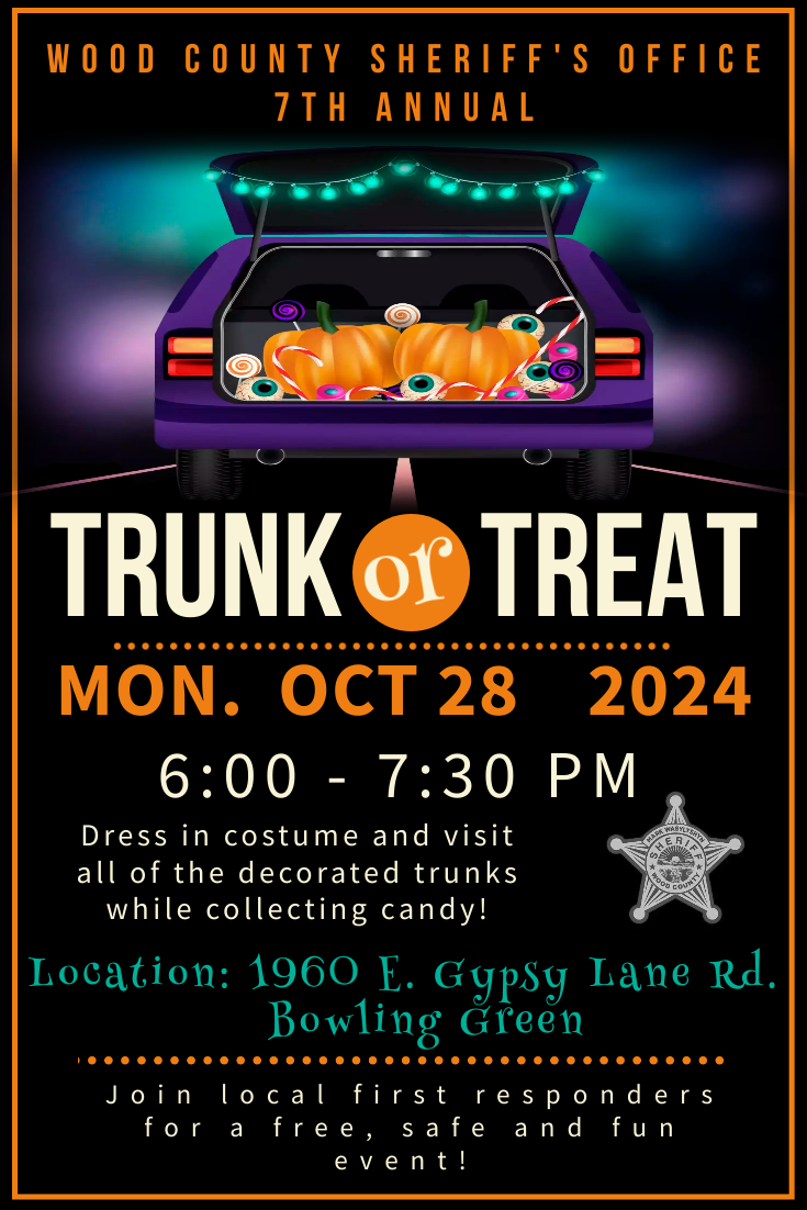 woodctysheriff's tweet photo. Only 1 week until our annual Trunk or Treat!  Join us for a fun night with 1st responders in Wood County having decorated trunks and candy!  6-7:30pm - 1960 E. Gypsy Lane Road    Bowling Green https://t.co/pRN2tVNTwe
