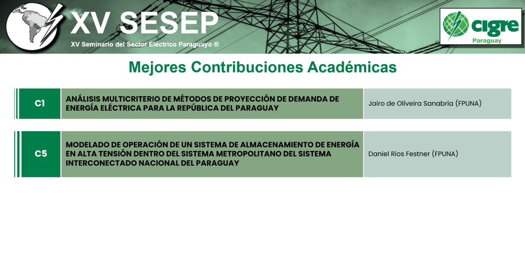 El 16/10 y 17/10 participé del XV Seminario del Sector Eléctrico Paraguayo (SESEP). Como <a href="/fpuna/">Facultad Politécnica UNA</a> pudimos presentar una gran cantidad de trabajos. Mención especial a los dos trabajos premiados como  “Mejor contribución académica”, ambos realizados en el <a href="/GISE_FPUNA/">GISE-FPUNA</a> ⚡️💪🏼🇵🇾