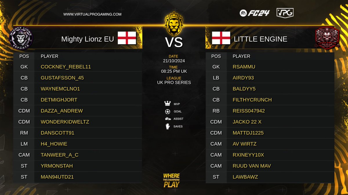 Virtual Pro Gaming (@officialvpg) on Twitter photo โฝ๏ธ Competitive 11v11 <a href="/EASPORTSFC/">EA SPORTS FC</a>
๐ <a href="/VPGUK/">VPG UK Leagues</a> Pro Series ๐ฌ๐ง
๐
8:25pm Uk kick off!
๐๏ธ Presented by <a href="/proclubs_weekly/">Pro Clubs Weekly</a>
๐ก <a href="/MightyLionzES/">Mighty Lionz eSports</a>
โ๏ธ <a href="/Lil_Engine_VPG/">ENGINE</a>
๐ Live Match Stream: YouTube.com/virtualprogamiโฆ
๐ฅ Little Engine Team Sheet
<a href="/lawbawz/">Lawbawz</a>
<a href="/Mav3rick_TTV/">Mav3rick_TTV</a>
<a href="/Rxineyy10x/">Rxineyy10x</a> โฝ๏ธ Competitive 11v11 <a href="/EASPORTSFC/">EA SPORTS FC</a>
๐ <a href="/VPGUK/">VPG UK Leagues</a> Pro Series ๐ฌ๐ง
๐
8:25pm Uk kick off!
๐๏ธ Presented by <a href="/proclubs_weekly/">Pro Clubs Weekly</a>
๐ก <a href="/MightyLionzES/">Mighty Lionz eSports</a>
โ๏ธ <a href="/Lil_Engine_VPG/">ENGINE</a>
๐ Live Match Stream: YouTube.com/virtualprogamiโฆ
๐ฅ Little Engine Team Sheet
<a href="/lawbawz/">Lawbawz</a>
<a href="/Mav3rick_TTV/">Mav3rick_TTV</a>
<a href="/Rxineyy10x/">Rxineyy10x</a>